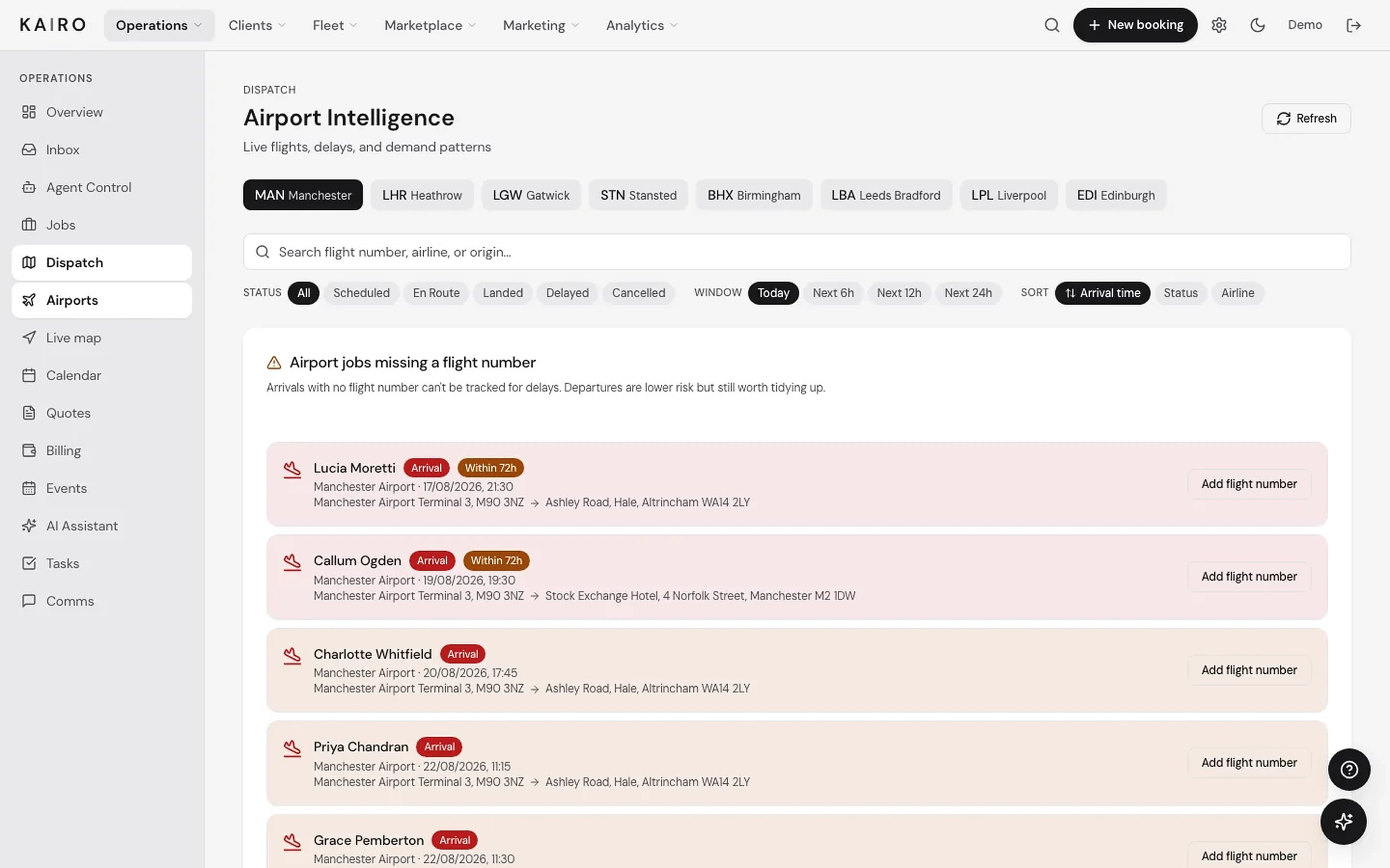 Kairo airports board tracking inbound flights against booked pickups, with delays and terminal changes flagged