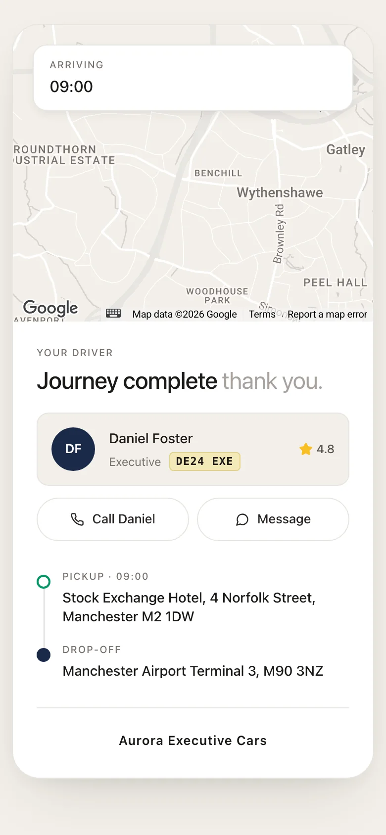 Passenger live journey view with arrival time, chauffeur, vehicle and itinerary